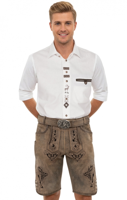 Leather trousers short with belt FELIXSEE sahara with black embroidery