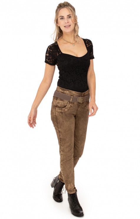 Damen Trachtenjeans Mit Stickereien - Hohe Taille Straight Leg Für Oktoberfest | Bayerische Lederhosen-Optik