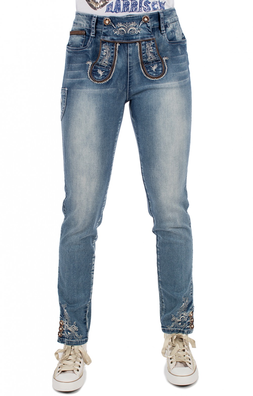 Schöneberger Trachten Damen Hotpants - Blaue Trachtenjeans Mit Stickereien Als Lederhosen-Alternative