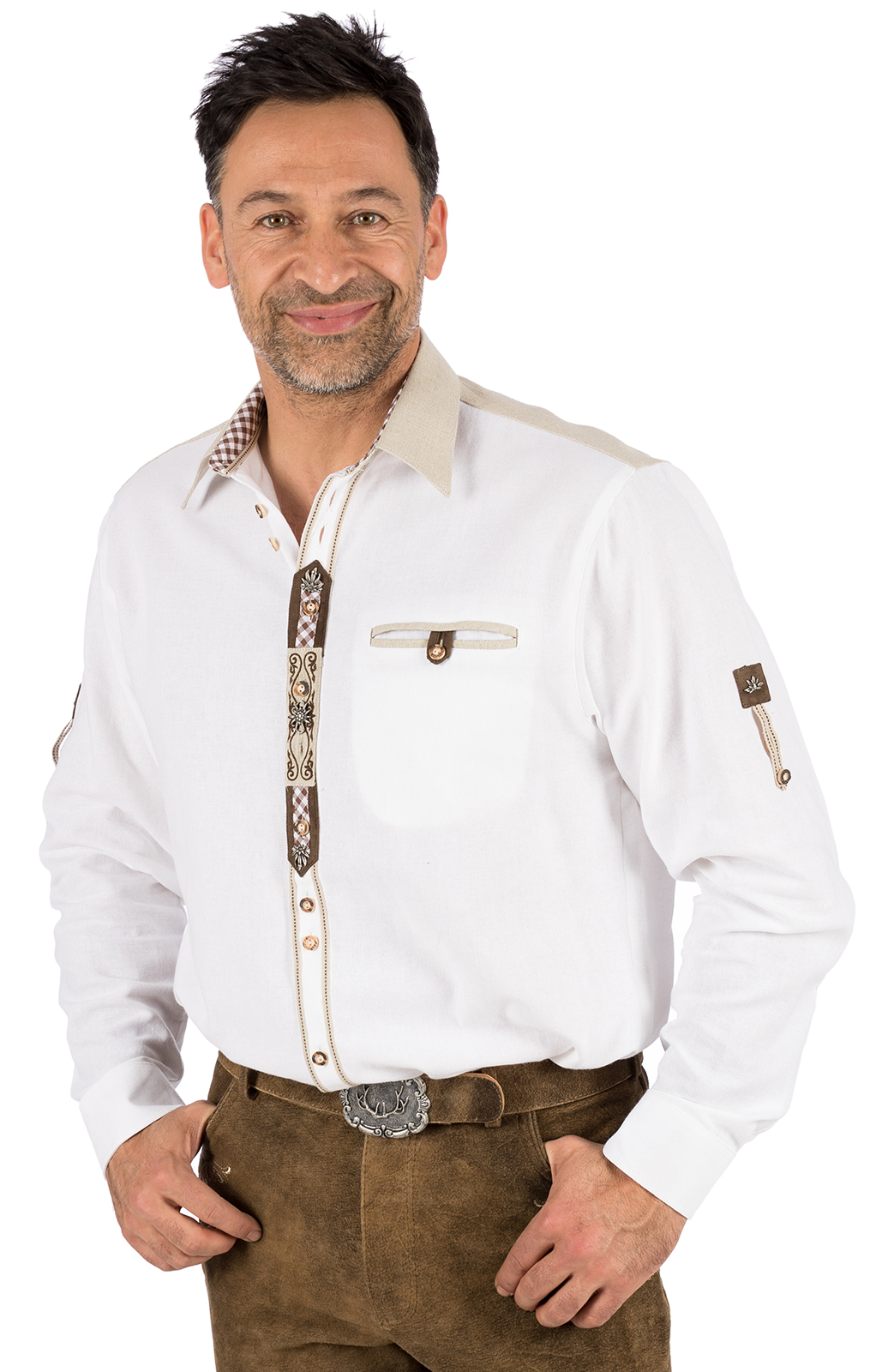 OS Trachtenhemd für Lederhosen Trachtenmode wiesn mit Verzierung Stehkragen weiß 