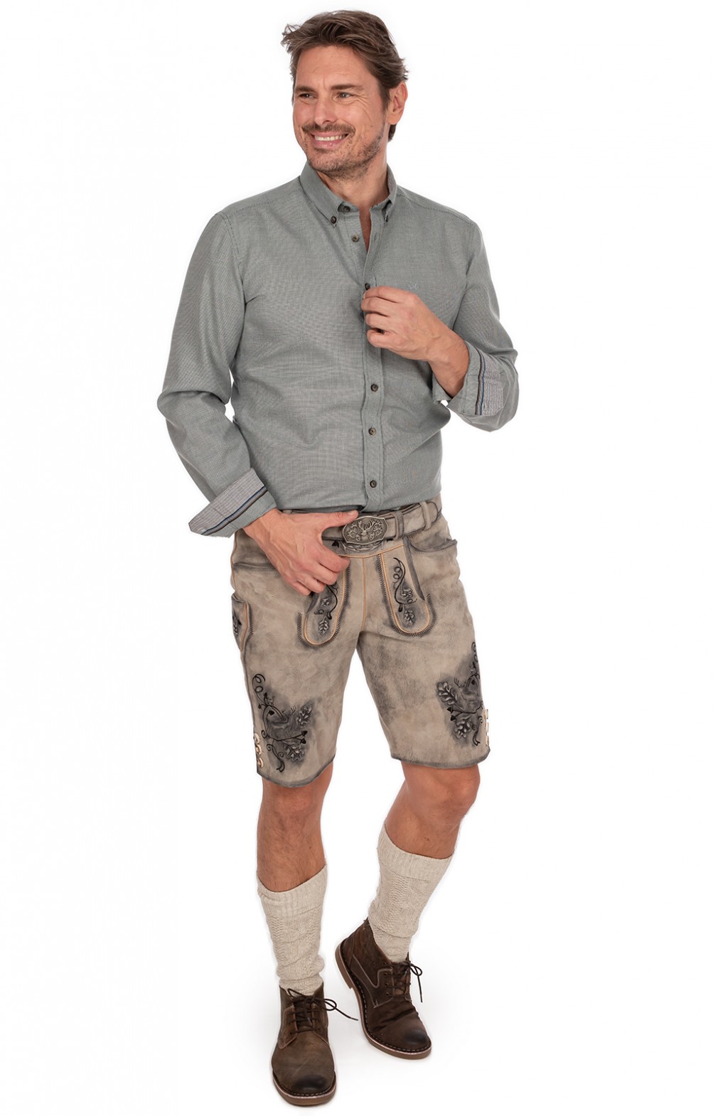 Beierse traditionele korte lederhose Fabian met bijpassende klederdrachtriem van geitenleer maat 46-64, bruin, 60
