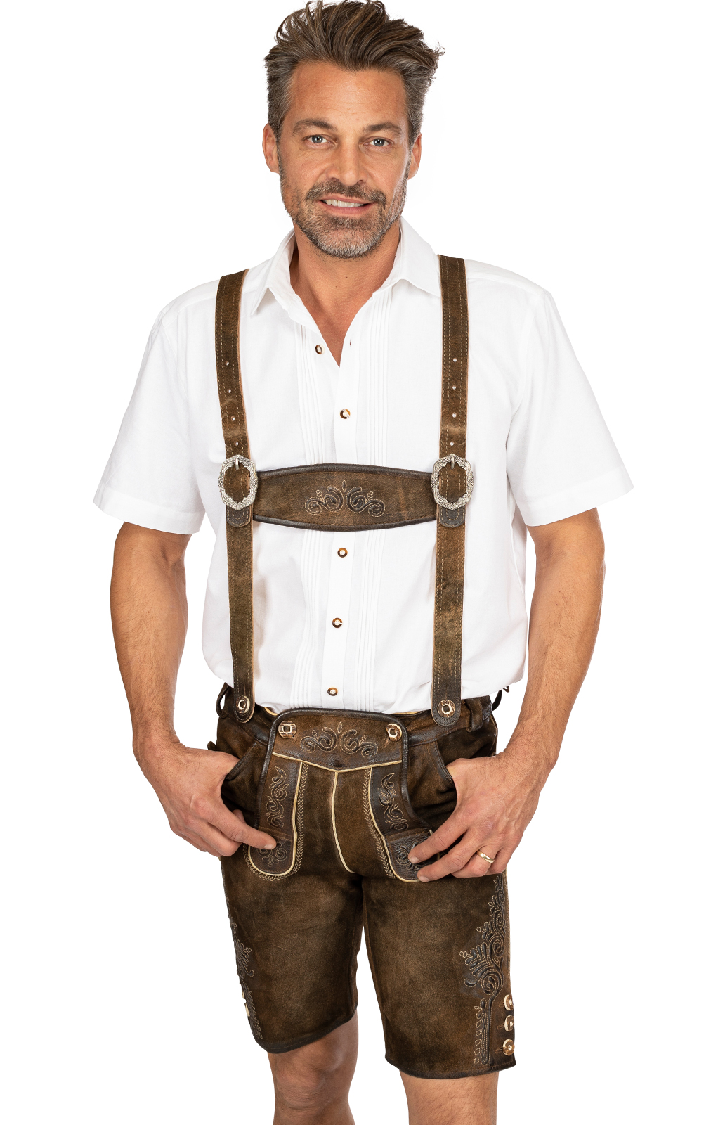 Sammlerstück kurze Vintage Lederhose speckig Träger Hirsch Emblen