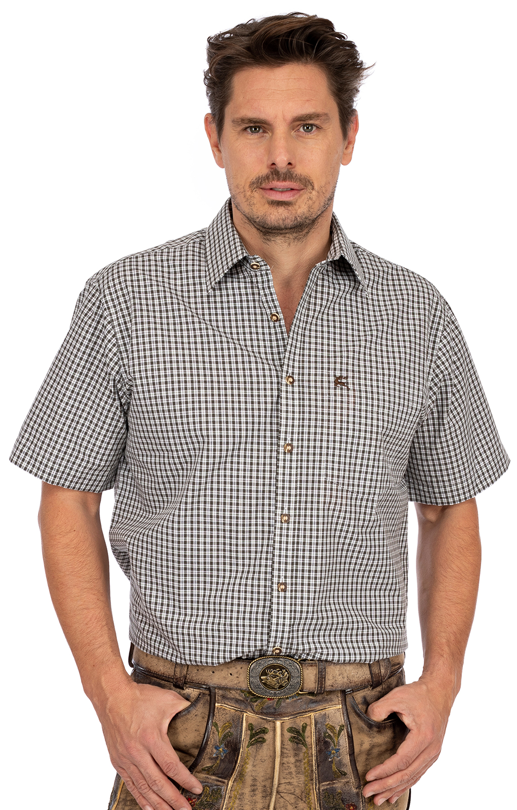 German Wear Camicia Trachten Uomo – A Quadri Classica, Maniche Lunghe, Misto Cotone, Ricamo Stella Alpina, Colori Blu, Rosso, Verde