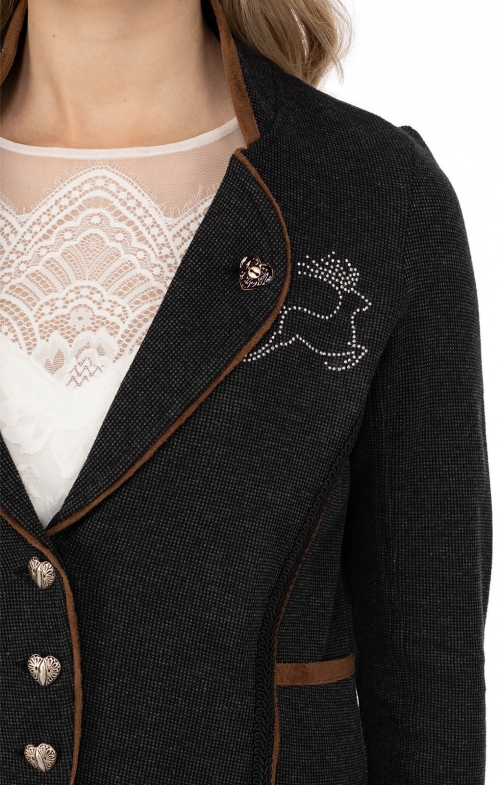 Hangowear Dirndljacke Lara In Anthrazit – Taillierte Trachtenjacke Mit Hirsch-Applikation Und Herz-Knöpfen, Gr. L
