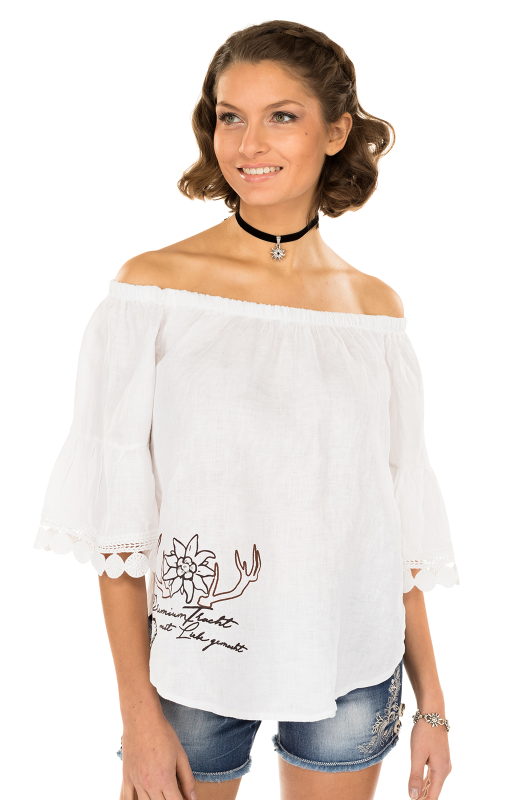 Offshoulder Trachtenbluse MILA Leinen weiss von Hangowear